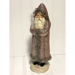Santa Chalkware Pink Glitter Old Work Style Santa Christmas Decor 11”
